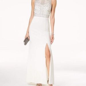 Morgan & Co Ivory Illusion Beaded Gown